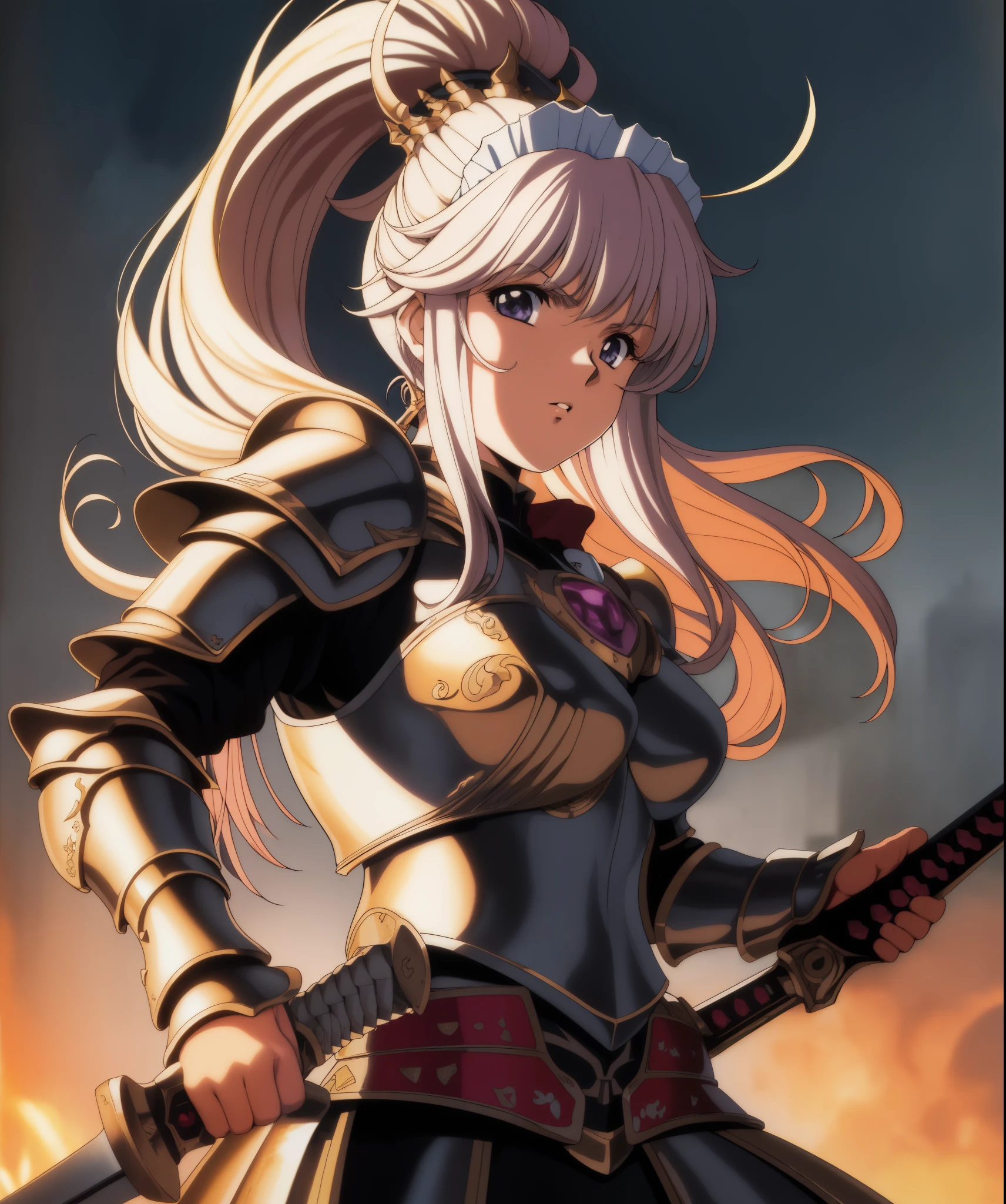 best quality, masterpiece, highres, solo, {PORTRAIT :1.3}{maid:1.40}, { maid dress:1.15}, , warrior,(armor:1.4),, bangs, upper_body,, black_ascot, hair_between_eyes, breasts, short_hair, grey_eyes,80s anime,retro artstyle, (urushihara satoshi:1.),detail illustration,memegang pedang,knight,ultra detailed,(maid:1.2), (KODACHI:1.4),((action pose)),epic effect,((detailed armor,close up))),,determined,(((girl))),1girl, solo, purple hair,, , white background, , retro artstyle, breasts, cape, simple background, 1990s (style), medium breasts, , covered navel, long hair, shiny clothes, looking at viewer, parted lips, ),long hair,pink hair,fantasy world,{flat color:1.6},{FLAT COLOR:1.4}{double short sword:1.4)