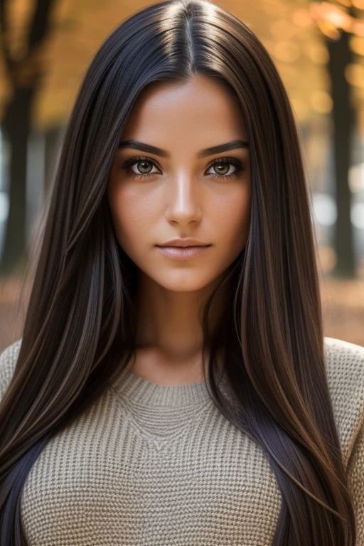 Photograph of a beautiful girl, wear an autumn sweater, long hair on one side, buste lourd 36DD, Look into the camera, eyes symmetrical, symmetrical face, photoreallistic, photographie, Path layout, specular lighting, Volumetric facial light, Hair path, Ombres visibles, complexe, elaborate