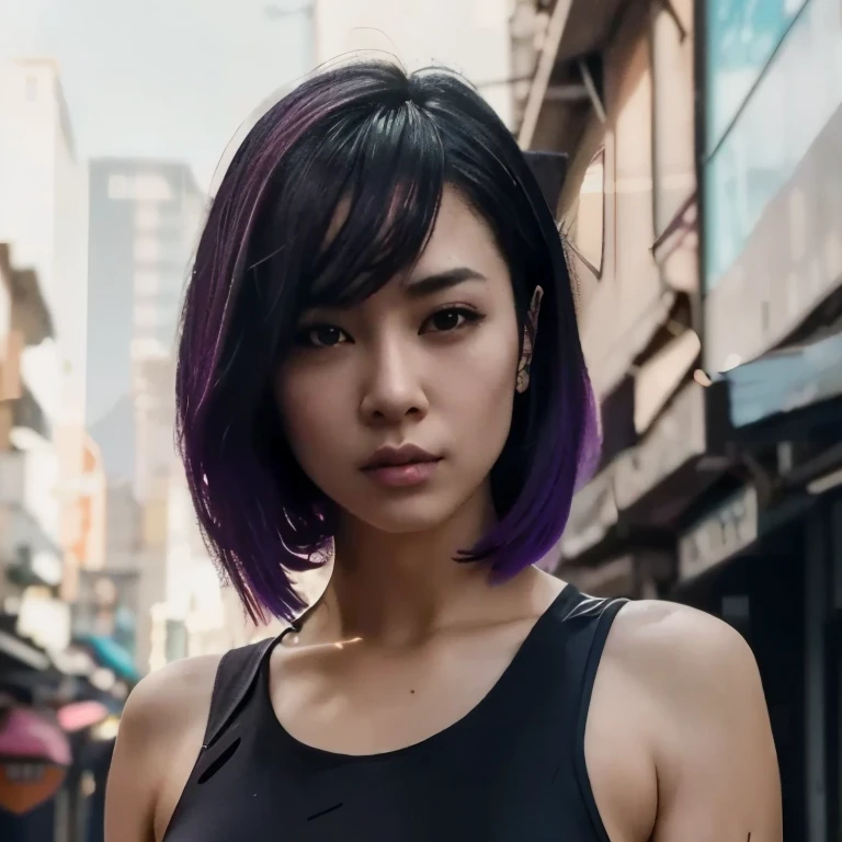 arafed asian woman with purple hair and black top in a city, hig detailed, hyper-realistic cyberpunk style, ross tran 8 k, the cyberpunk girl portrait, cyberpunk style ， hyperrealistic, cyberpunk art ultrarealistic 8k, beautiful cyberpunk girl face, cyberpunk beautiful girl, 8k portrait render, beautiful cyberpunk woman model, cyberpunk portrait, soft portrait shot 8 k