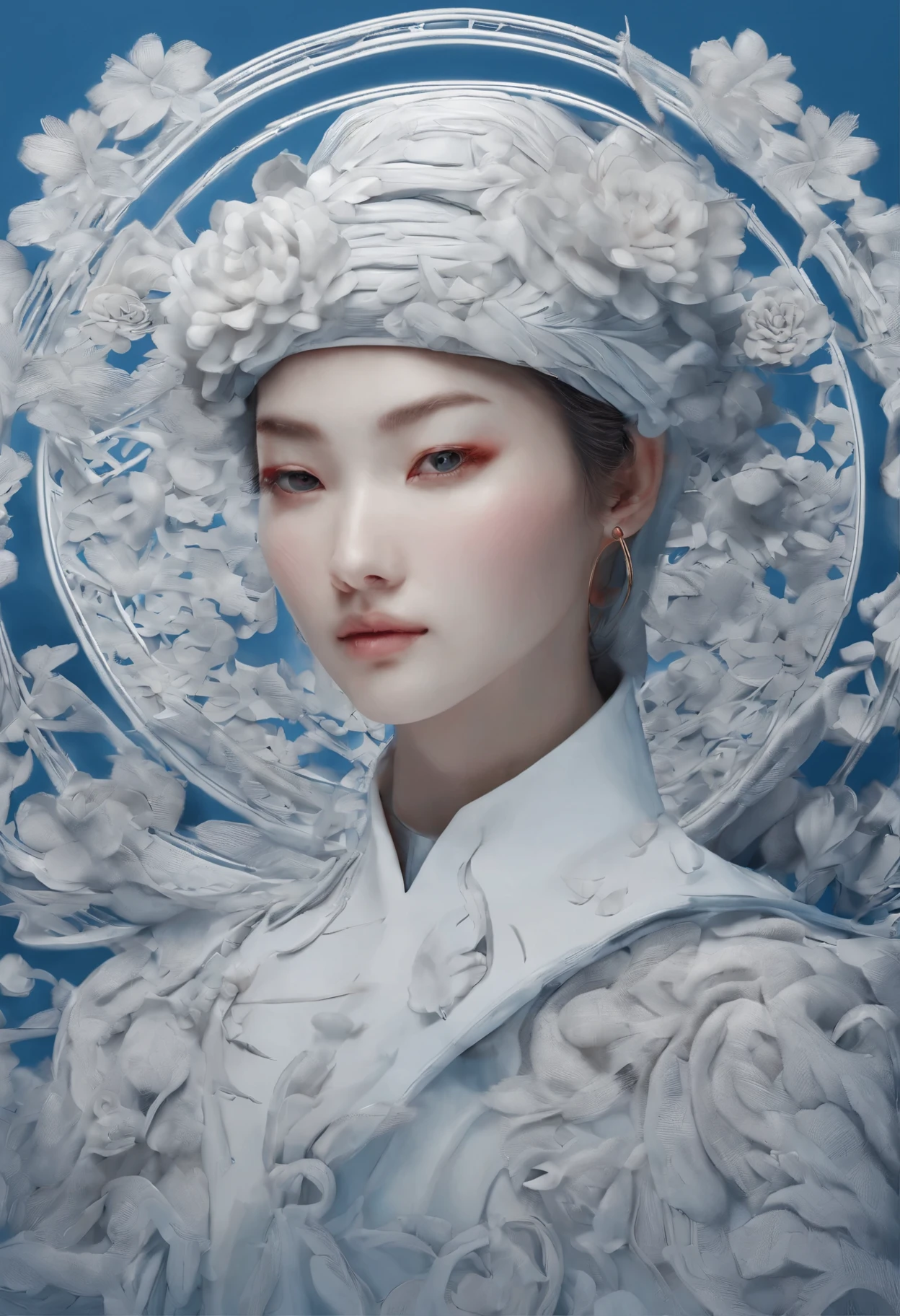 Blue and white porcelain,Ceramic material,femele,Embossed petals,artwork of a,Long hair, Ancient Chinese style,long eyelasher, solid circle eyes, Fake animal ears, Light smile, Ear blush, Fang, Striped hair, beret, beret, surrealism, shadowing, anaglyph, stereograms, tachi-e, angle of view, Atmospheric perspective, 8K, Super detail, ccurate, Best quality