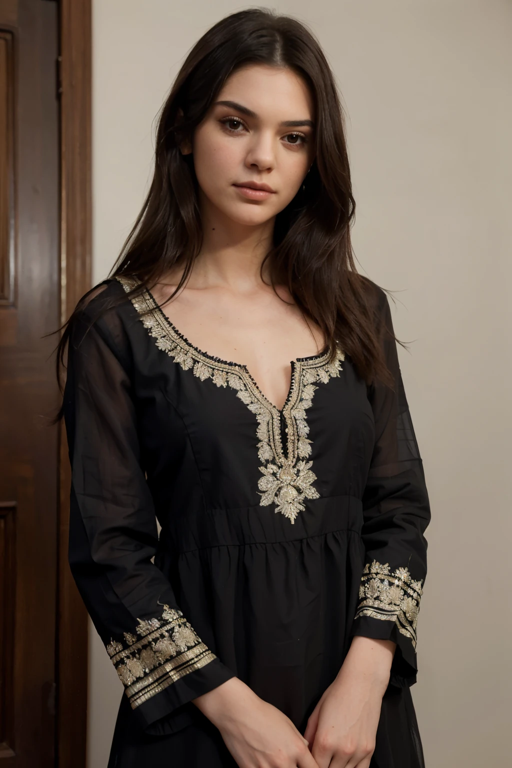 ((best quality)), ((masterpiece)), (detailed), perfect face, close up, Kendall Jenner, wearing indian full salwar kurta, traditional salwar kurta, black color kurta, perfect full kurta dress, 4k, soft skin