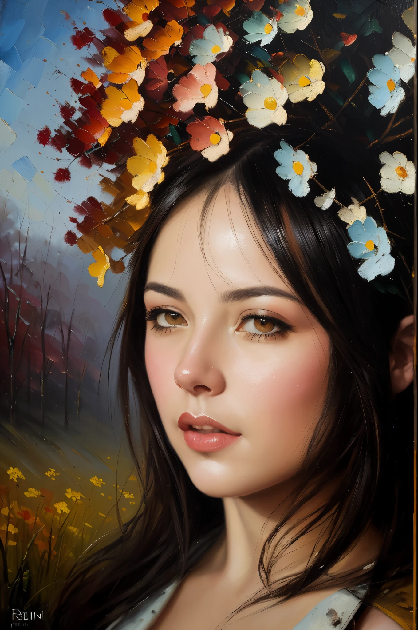 [(front portrait): ((1 pretty young pin-up girl)) (Pino_Daeni style):20]/[background: nature landscape waterfall Renaissance in Bob-Eggleton style], fog, very colorful, ((palette/oil painting palette knife)), ((masterpiece)), single shot, impression, extreme detail, perspective, 8k