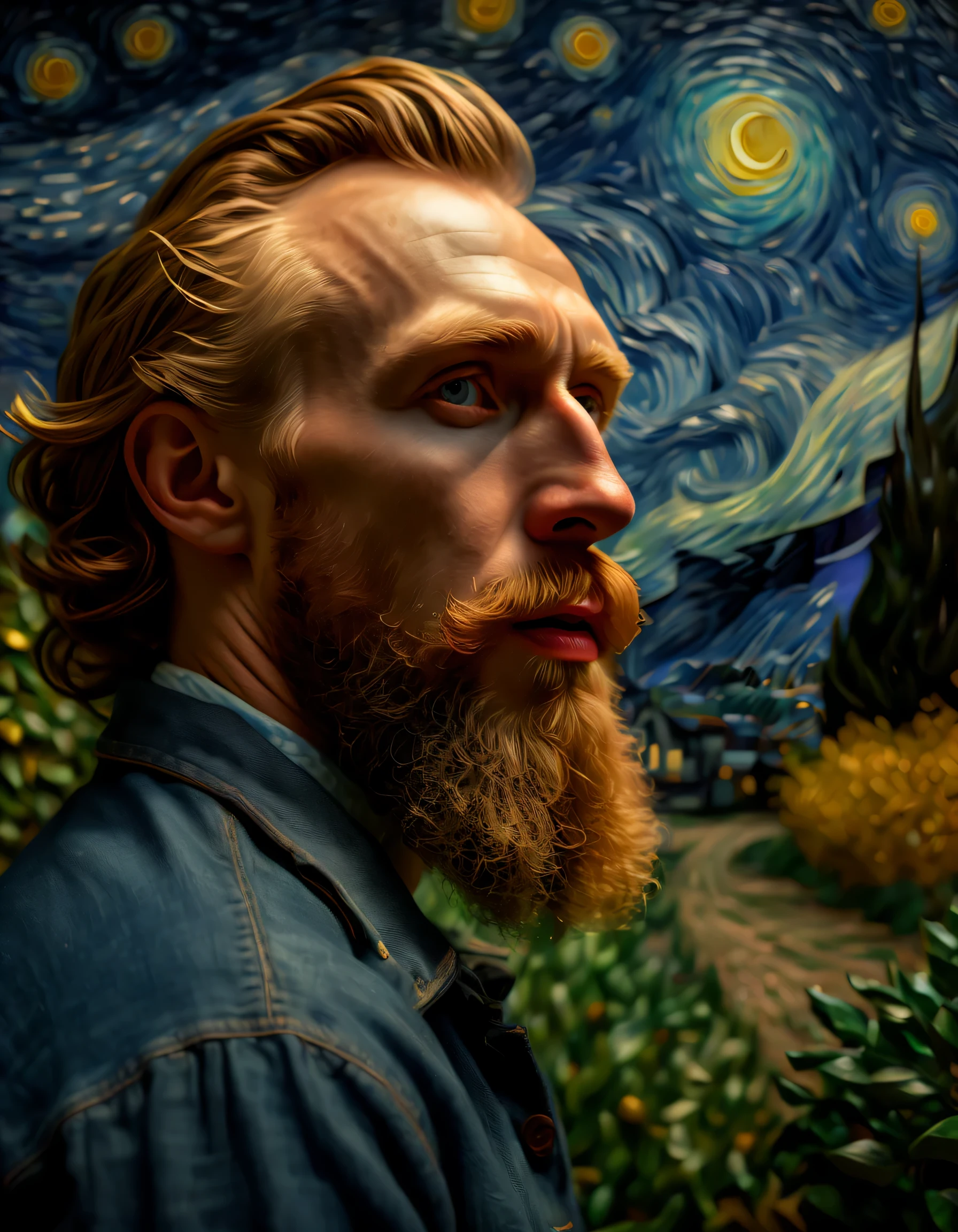 (melhor qualidade,4k,8k,high resolution,obra de arte:1.2),ultra-detalhado,(realista,photorealista,photo-realista:1.37),retrato,Vincent van Gogh,moonlit sky,rosto expressivo,lindos olhos detalhados,long flowing beard,Noites estreladas,cores vivas,surreal,mistura de pinceladas,majestoso,Brilho ao luar,night time,Uma garota em um jardim