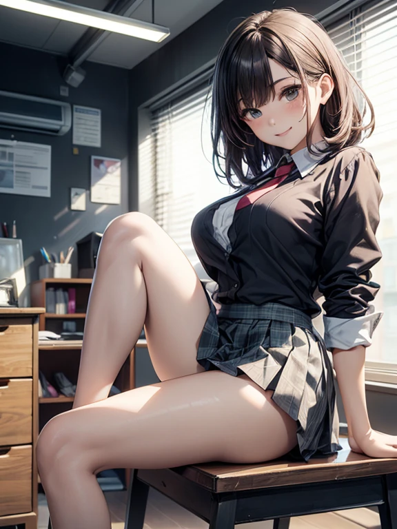 hightquality、top-quality、masterpiece、8K、A hyper-realistic、Ridiculous、1 girl in、Perfect cute girl、cute little、shorth hair、Happy smiling face、shinny skin、(Nice leg line:1.3)、beautiful thigh、big breasts thin waist、huge-breasted 、Fluffy breasts、校服、neck tie、(pencil skirts)、panthyhose、high-heels 、office room、depth of fields、Look at viewers、is standing、from side、The upper part of the body、Sexy legs、pussy pants, naked pusssy, no underwear, prefect pussy,