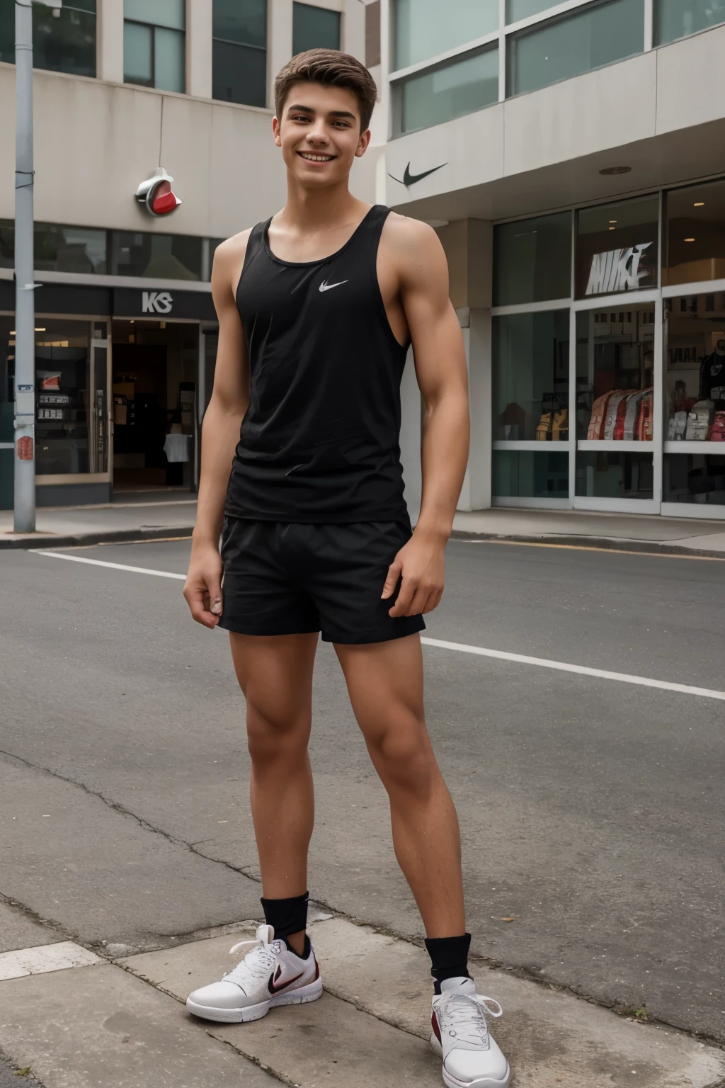 realistic photo of ager 18 years old, male teen, alpha male, tall, tank top black, perfect skinny body, shorts, nike dunk red shoes, full body, on shopping center, perfect , big smile, perfect angelical face, perfect face, happy, full 4k