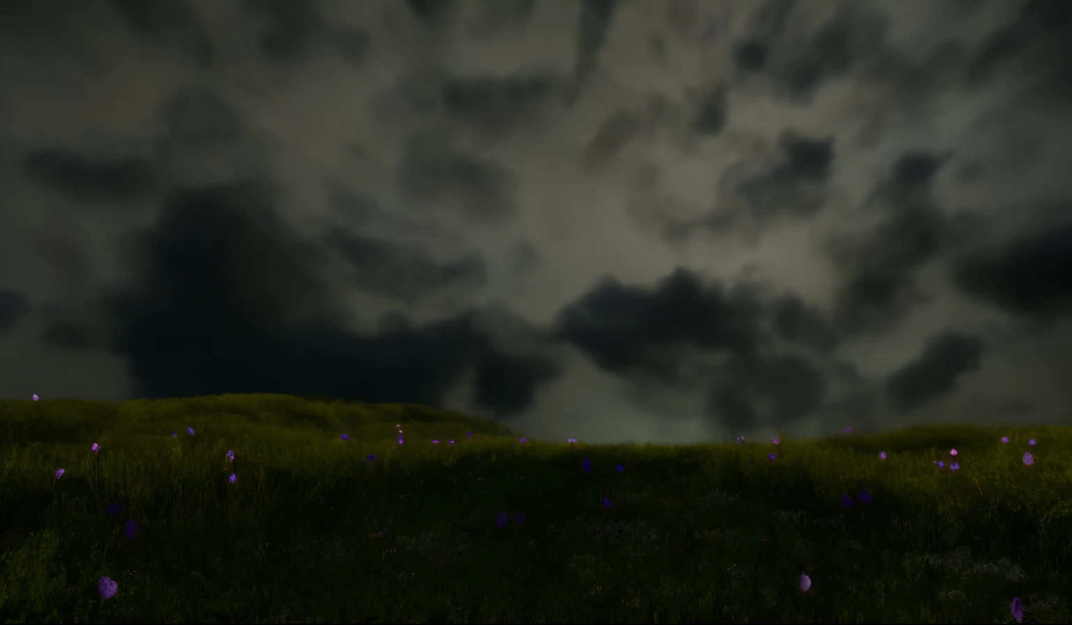 there is a photo of a field with purple flowers in the grass, paisagem sombria, renderizado com liquidificador, renderizado no liquidificador, fundo sombrio, tempo sombrio. hiperrealista, renderizar no liquidificador, atmospheric render, Prado ao fundo, scene rendering, luz do dia feita no liquidificador, atmospheric shot, Gloomy Illumination, renderizado em unidade 3 d, fantasy render, campo - desfoque