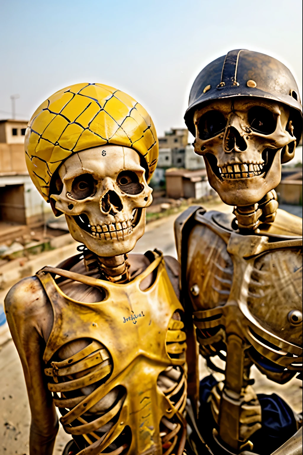 a little skeleton is taking selfie And showing sky in indian urban area. Skeleton have rust yellow colour leather hat on his head. Have no dress he have full skeleton body. Looking at the camera. Taking selfie with his other Human Friend.