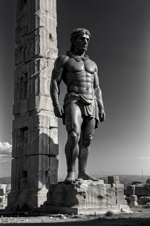 A dark landscape image of an ancient greek society deeply connected to stoicism, black and white, ancient greek architecture, include one single big statue of a stereotypical strong greek man, marcus aurelius 