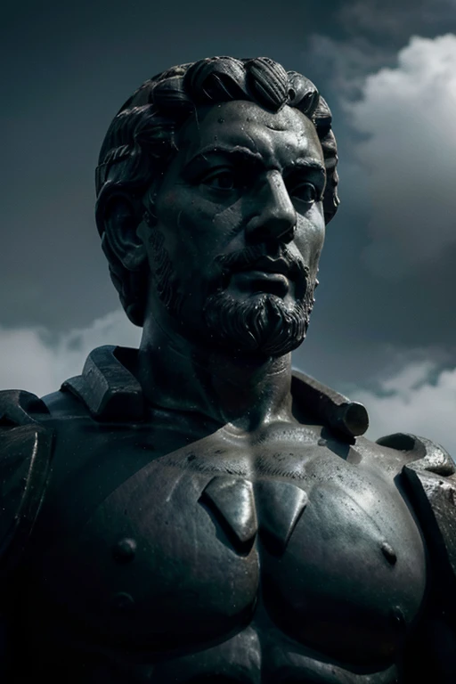 A dark landscape image of an ancient greek society deeply connected to stoicism, black and white, ancient greek architecture, include one single big statue of a stereotypical strong greek man, marcus aurelius 