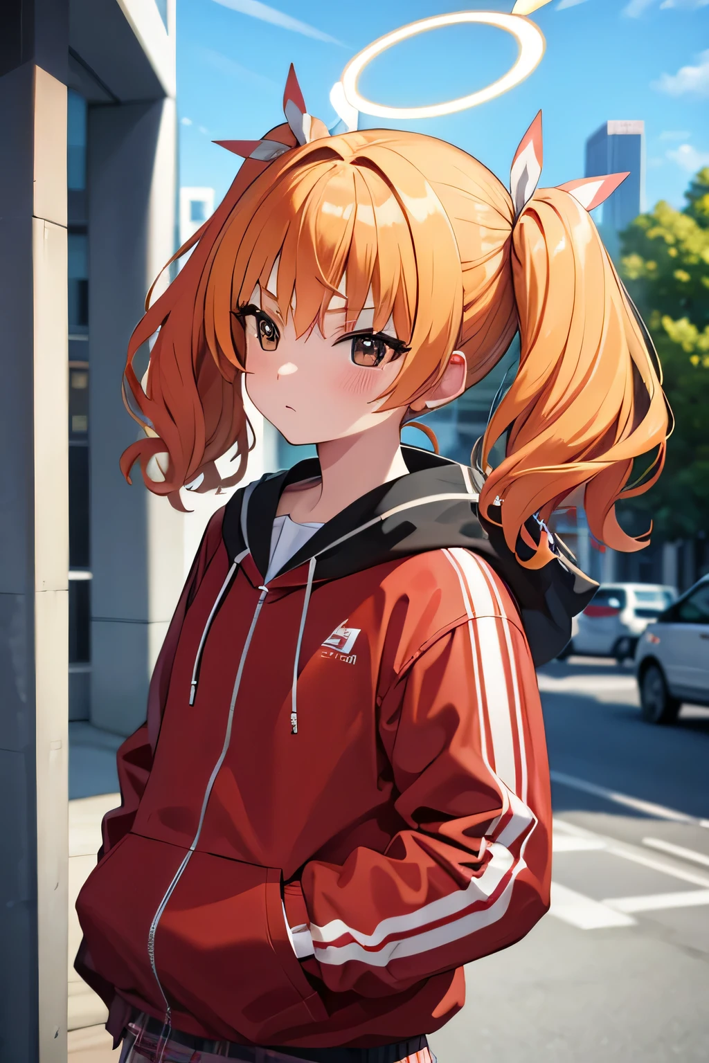 yoshimi (blue archive), orange hair,halo,red jacket,pink skirt,blonde hair,twintails,brown eyes, masterpiece, best resolutions, 8k resolutions, outdoor masterpiece, upper body