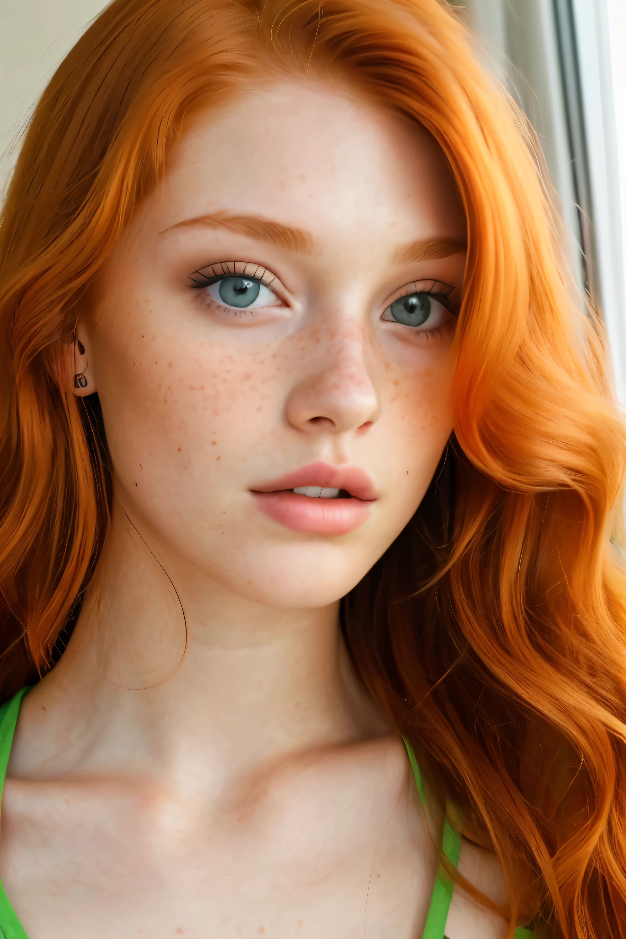 (close-up editorial photo of 20 yo woman, ginger  hair, slim American sweetheart), (freckles:0.8), (lips parted), realistic green eyes, POV, realistic[:, (film grain, 25mm, f/1.2, dof, bokeh, beautiful symmetrical face, perfect sparkling eyes, well defined pupils, high contrast eyes, ultra detailed skin, skin pores, vellus hair, fabric stitching, fabric texture, wood grain, stone texture, finely detailed features:1):0.9]