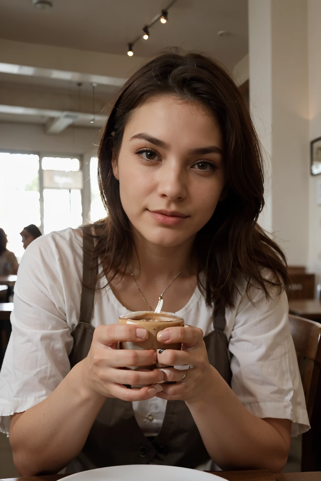 ((Mejor calidad)),(detallado), cara perfecta, nicola zelezinko con cabello corto, small arched eyebrows , plano entero, having a coffee in a restaurant, whole hands, hands perfect,
