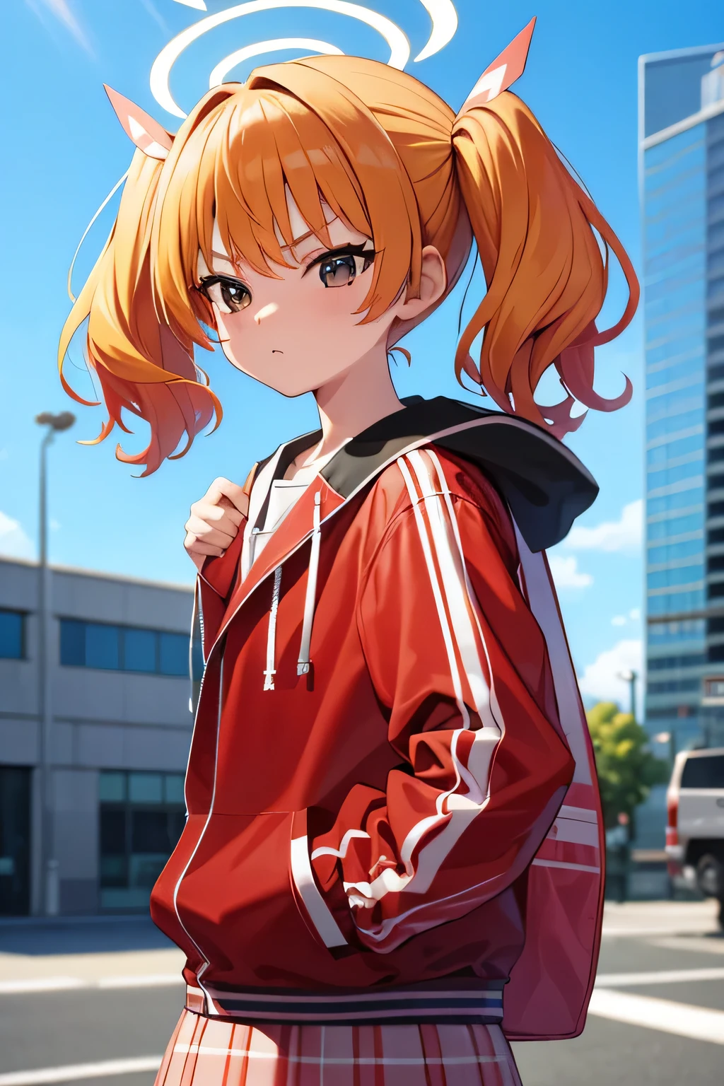 yoshimi (blue archive), orange hair,halo,red jacket,pink skirt,blonde hair,twintails,brown eyes, masterpiece, best resolutions, 8k resolutions, outdoor masterpiece, upper body