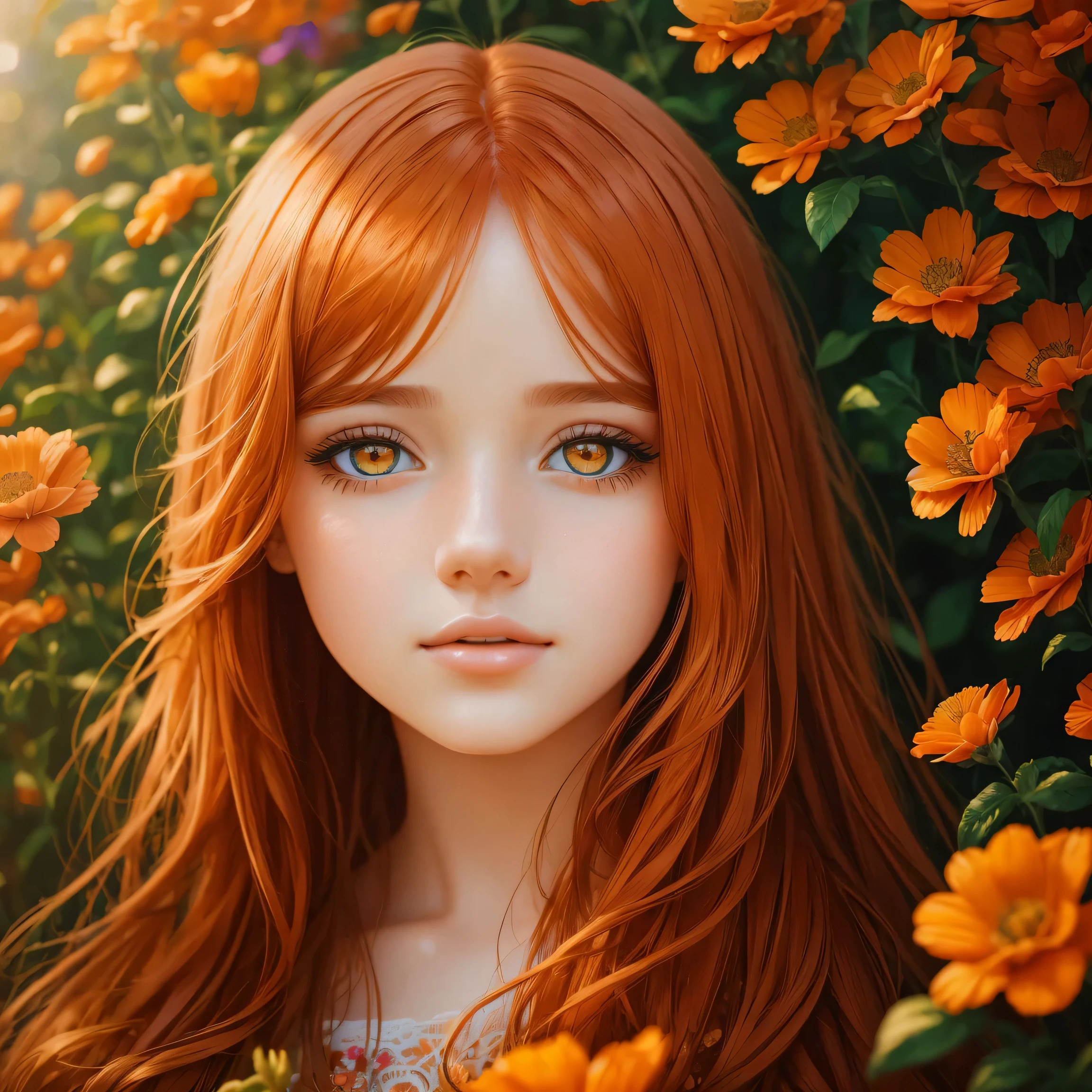 (a girl with) beautiful deep eyes, beautiful detailed lips, long orange hair, colorful flowers in the garden, soft sunlight, vibrant colors, oil painting, ultra-detailed, realistic, professional, vivid colors, soft texture, bokeh, studio lighting