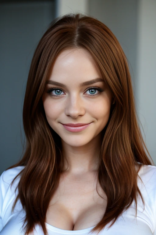 (upper body portrait), forehead, teen, youthful, teenager, flirty smile, detailed eyes, blue eyes, no_makeup, long eyelashes, freckles, perky breasts, ((dark hair)), super long hair, wavy hair, looking at viewer, natural lighting, natural features, centerfold, fake lips, huge lips, lip fillers, (sheer t-shirt), realism, girl, russian, (pale), solid background, huge breasts, busty