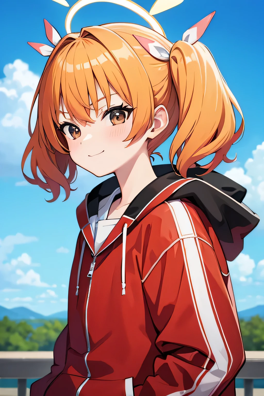yoshimi (blue archive), orange hair,halo,red jacket,pink skirt,blonde hair,twintails,brown eyes, park area, best resolutions, 8k resolutions, outdoor masterpiece, upper body, smile