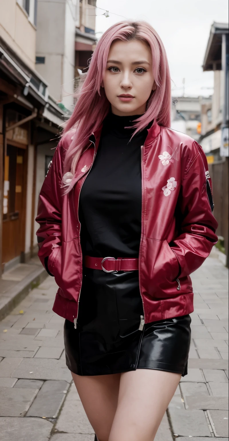 In a modern metropolis, Sakura Haruno took on a unique look by combining her ninja style with an urban touch. Vestindo uma jaqueta de couro elegante, She walked the busy city streets with confidence. The cherry blossoms embroidered on the jacket symbolized his connection to nature and his ninja heritage.. Combining the strength of leather with the delicacy of flowers, Sakura became a notable figure in the city, reflecting the perfect fusion between his ninja determination and his modern, stylized style.