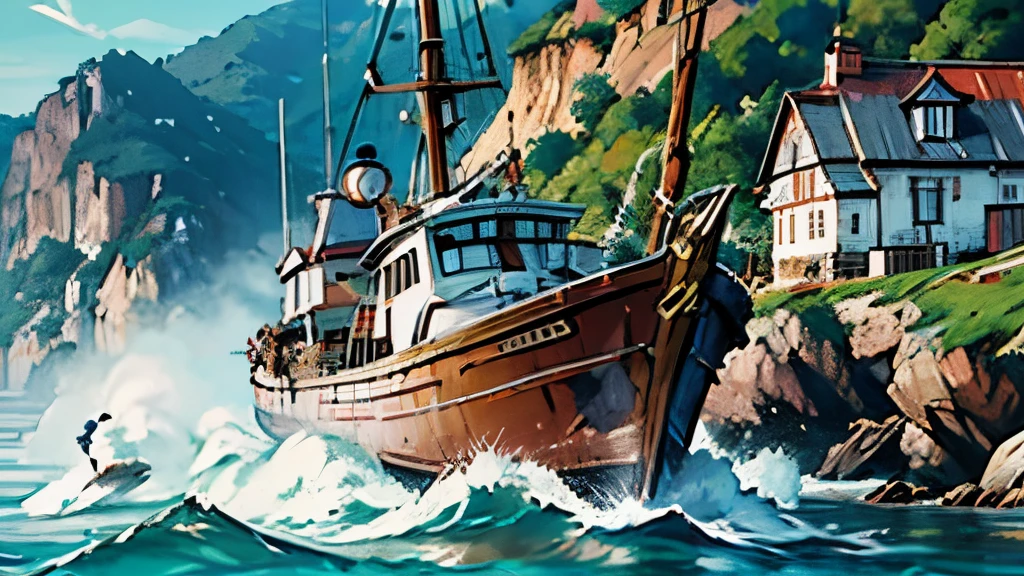 a fisherman in a big hat carrying boxes to his boat in a coastal village