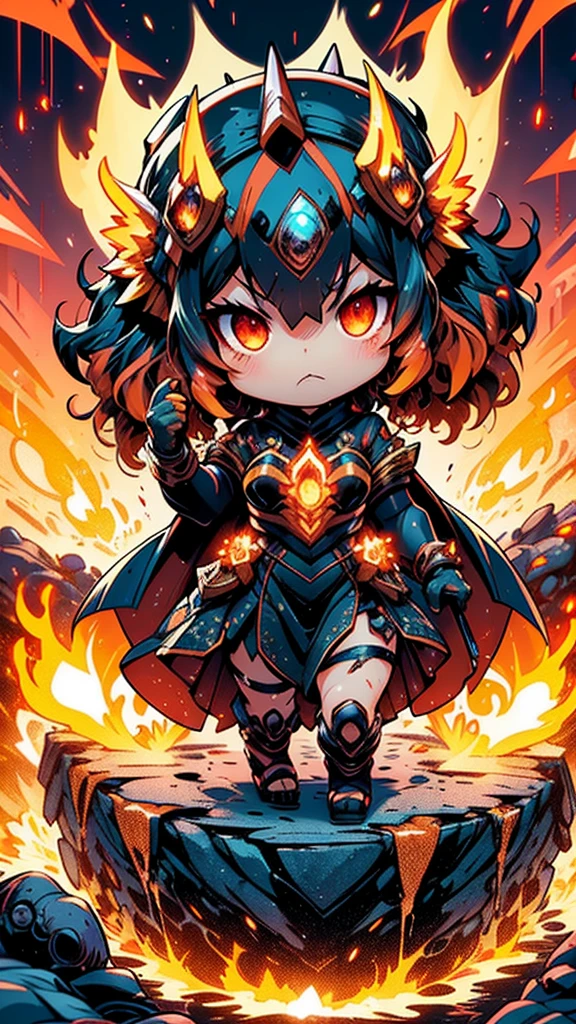 at a formidable 3.5 feet, embodies the relentless power of Eldertide-infused magma in her chibi form. Her body is composed of flowing molten rock, emitting an intense glow that hints at the volcanic energies within. Molten Behemoth's eyes blaze with fiery determination, and her imposing stature radiates both strength and the incandescent fury of Eldertide energy.