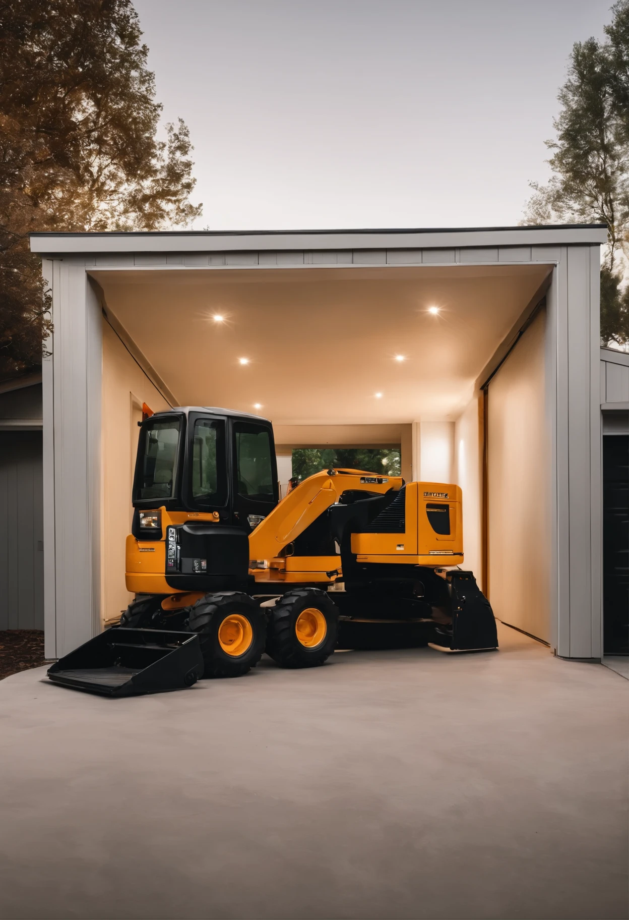 a small excavator, battery powered, white wood paneled house in the US, inside the garage, concrete floor, garage door open, seeing objects inside the garage, daytime, open space, looking into the garage , bright, modern, charging, classic style