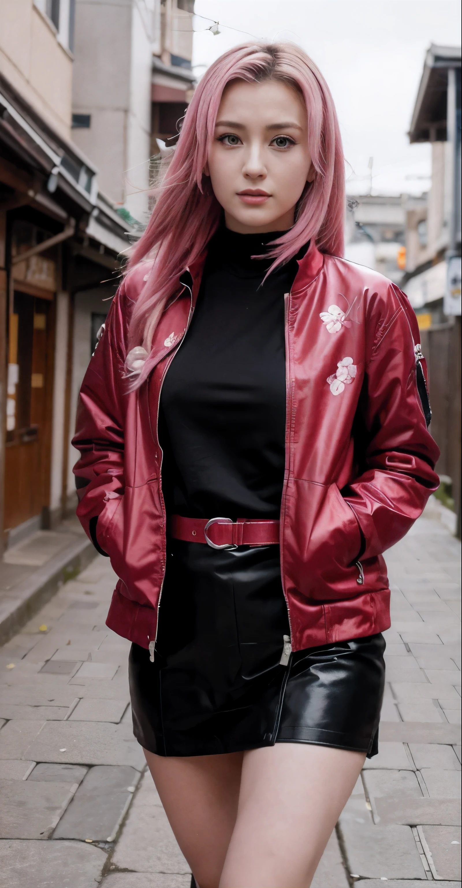 In a modern metropolis, Sakura Haruno gained a unique look by combining her ninja style with an urban touch. Vestindo uma jaqueta de couro elegante, She walked the busy city streets with confidence. The cherry blossoms embroidered on the jacket symbolized his connection to nature and his ninja heritage.... Combining the resistance of leather with the delicacy of flowers, Sakura has become a notable figure in the city, reflecting the perfect fusion between your ninja determination and your modern style, estilo estilizado.