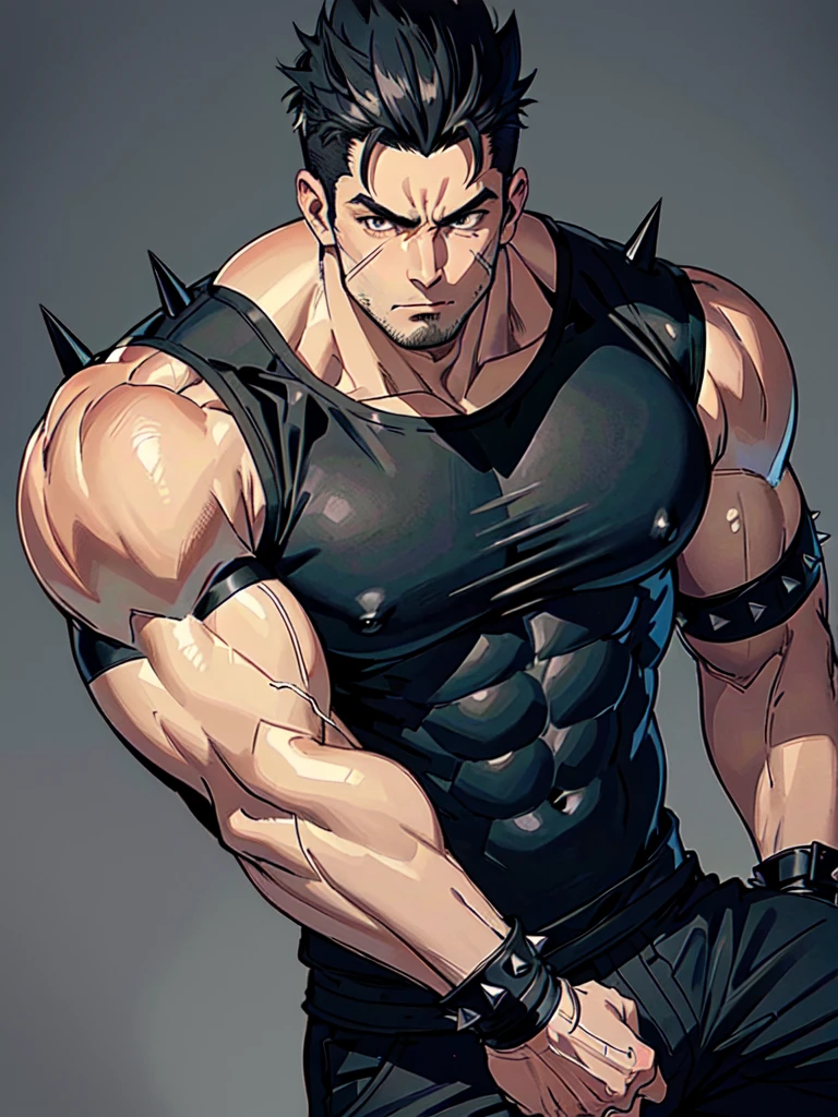 big, muscular man with scars on his arms (handsome man) (muscular man). black hair and short spikes, very spiked and straight. small and gray eyes. dressed in a black sleeveless shirt, with black bandages on his arms and hands and black pants (masterpiece), (best quality), (ultra detailed), (illustration)