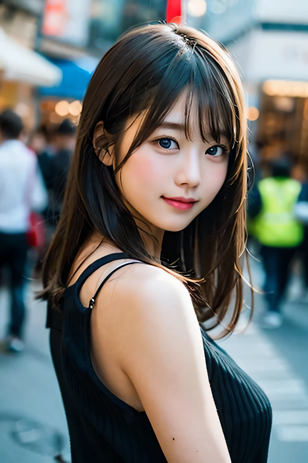 pretty girl、18-year-old、delicate skin、Fair skin、enchanting eyes、8k、Neat atmosphere、Bright and gentle atmosphere、street corner、People around me are blurry、shiny brown hair、faint smile