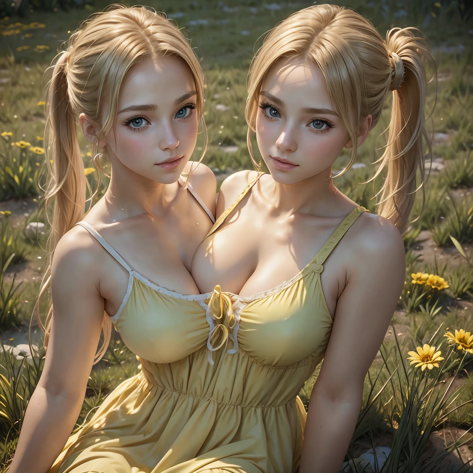 photorealistic,realistic, solo, photorealistic, best quality, ultra high res, 1girl,, , blonde hair in a ponytail, wearing a yellow sundress, breeze blowing through the grass,, , 1girl,, beautiful, masterpiece, best quality, extremely detailed face, perfect lighting, 1girl, solo,, , best quality, ultra high res, photorealistic,, ultra detailed,, masterpiece, best quality, , nancy1, (two heads)