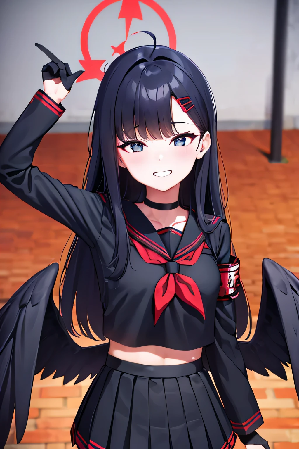 ichika nakamasa, ahoge, black hair, black wings, feathered wings, hair ornament, hairclip, halo, long hair, low wings, red halo, wings,
armband, black choker, black gloves, black sailor collar, black serafuku, black skirt, choker, gloves, long sleeves, neckerchief, pleated skirt, red neckerchief, safety pin, sailor collar, school uniform, serafuku, skirt, park area, best resolutions, 8k resolutions, upper body, smile pose