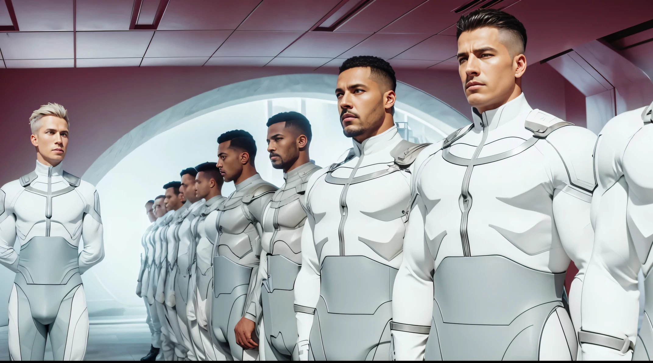 (obra de arte), (extremamente complexo:1.3), (realista), army of heroes, continence pose, vestindo trajes brancos, olhar sombrio, Musculoso, from the invincible series, fotografia profissiona, sharp focus, dramatic, premiado, cinematic lighting, Octane rendering, motor irreal, dtx volumétrico, (Film grain)