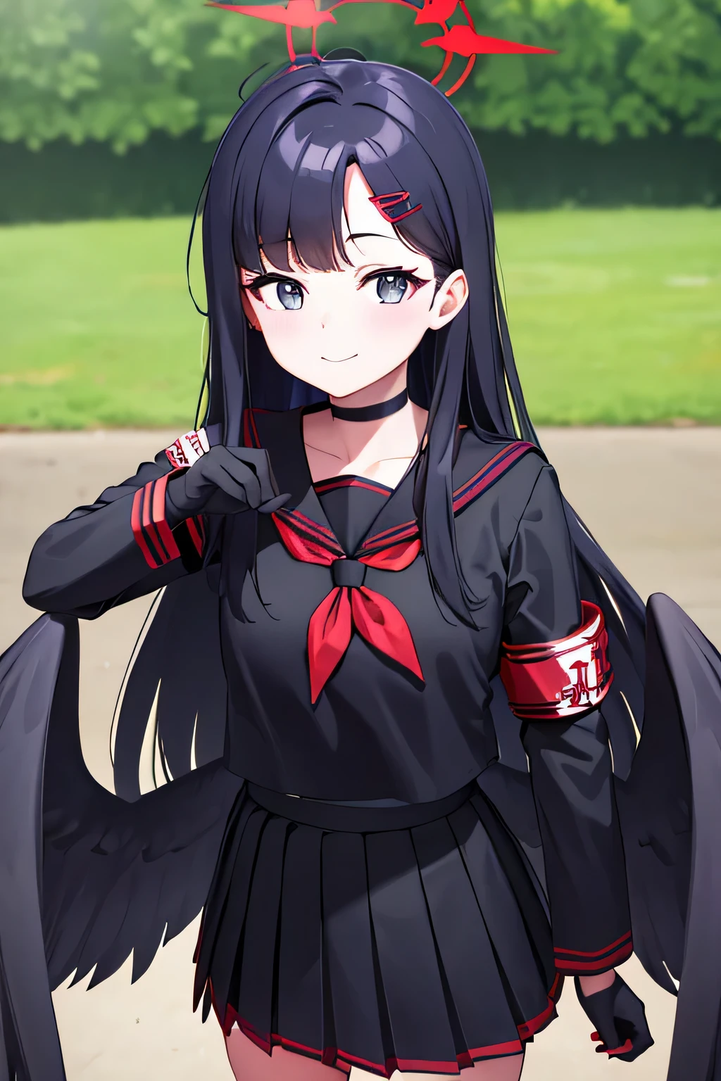 ichika nakamasa, ahoge, black hair, black wings, feathered wings, hair ornament, hairclip, halo, long hair, low wings, red halo, wings,
armband, black choker, black gloves, black sailor collar, black serafuku, black skirt, choker, gloves, long sleeves, neckerchief, pleated skirt, red neckerchief, safety pin, sailor collar, school uniform, serafuku, skirt, park area, best resolutions, 8k resolutions, upper body, smile pose