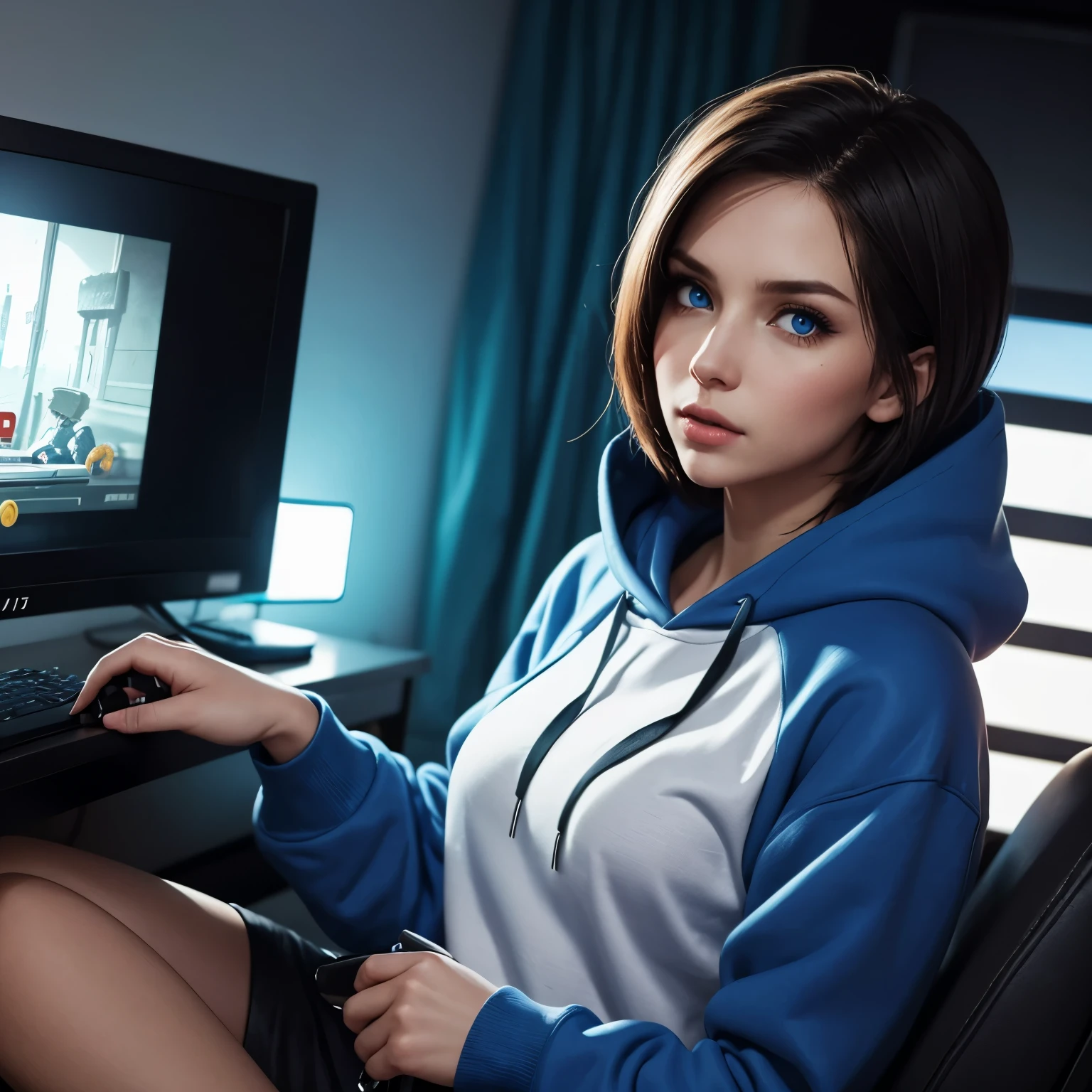 Jill Valentine, blue eyes, short straight hair, playing video game, oversized hoodie, sexy