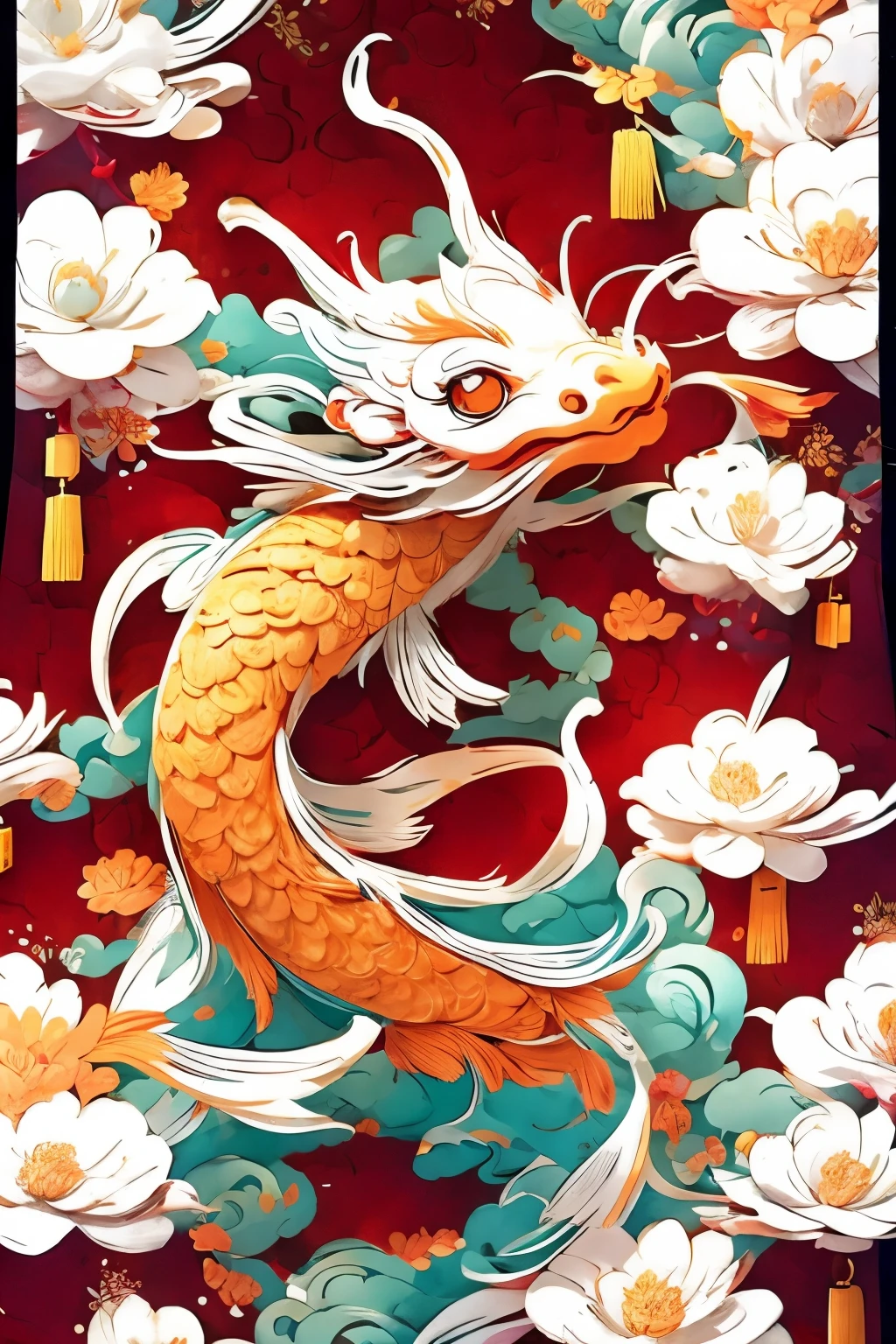 Koi fish surround cute jade chinese dragon, （（（eyes are very bright）））fireworks background，Contrast with red background。 The entire design is full of the festive atmosphere of the New Year，Chinese new year decoration，（（Lanterns or Chinese characters with auspicious meanings，For example, &quot;福&quot;、&quot;spring&quot;、&quot;wealth&quot; etc.。））（（（masterpiece）））， （（best quality））， （（intricate details））（8k）