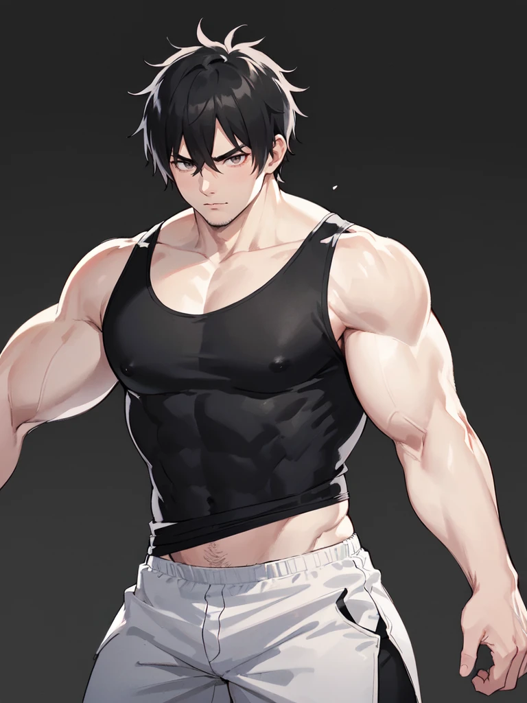 young big, muscular man with scars on his arms (handsome man). black hair and short spikes, very spiked and straight. small and gray eyes. dressed in a black sleeveless shirt, with black bandages on his arms and hands and black pants (masterpiece), (best quality), (ultra detailed), (illustration) (high saturation),(colorful splashes),(shining) (interview), (casual school background). wrestling