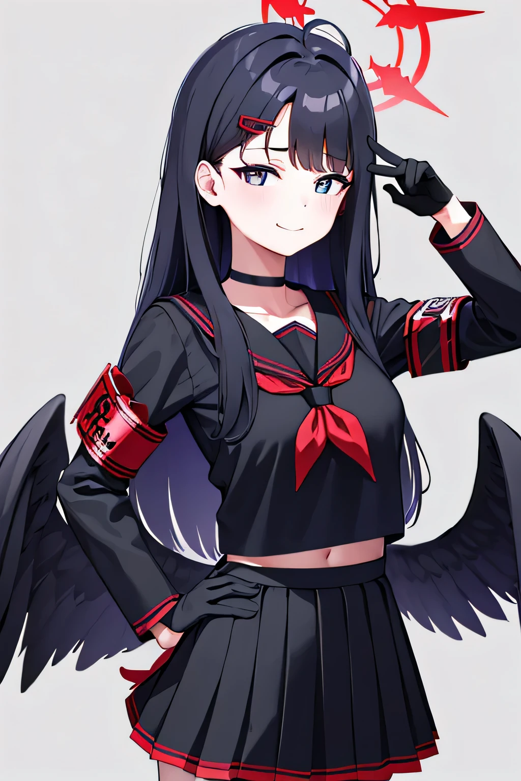 ichika nakamasa, ahoge, black hair, black wings, feathered wings, hair ornament, hairclip, halo, long hair, low wings, red halo, wings,
armband, black choker, black gloves, black sailor collar, black serafuku, black skirt, choker, gloves, long sleeves, neckerchief, pleated skirt, red neckerchief, safety pin, sailor collar, school uniform, serafuku, skirt, park area, best resolutions, 8k resolutions, upper body, smile pose