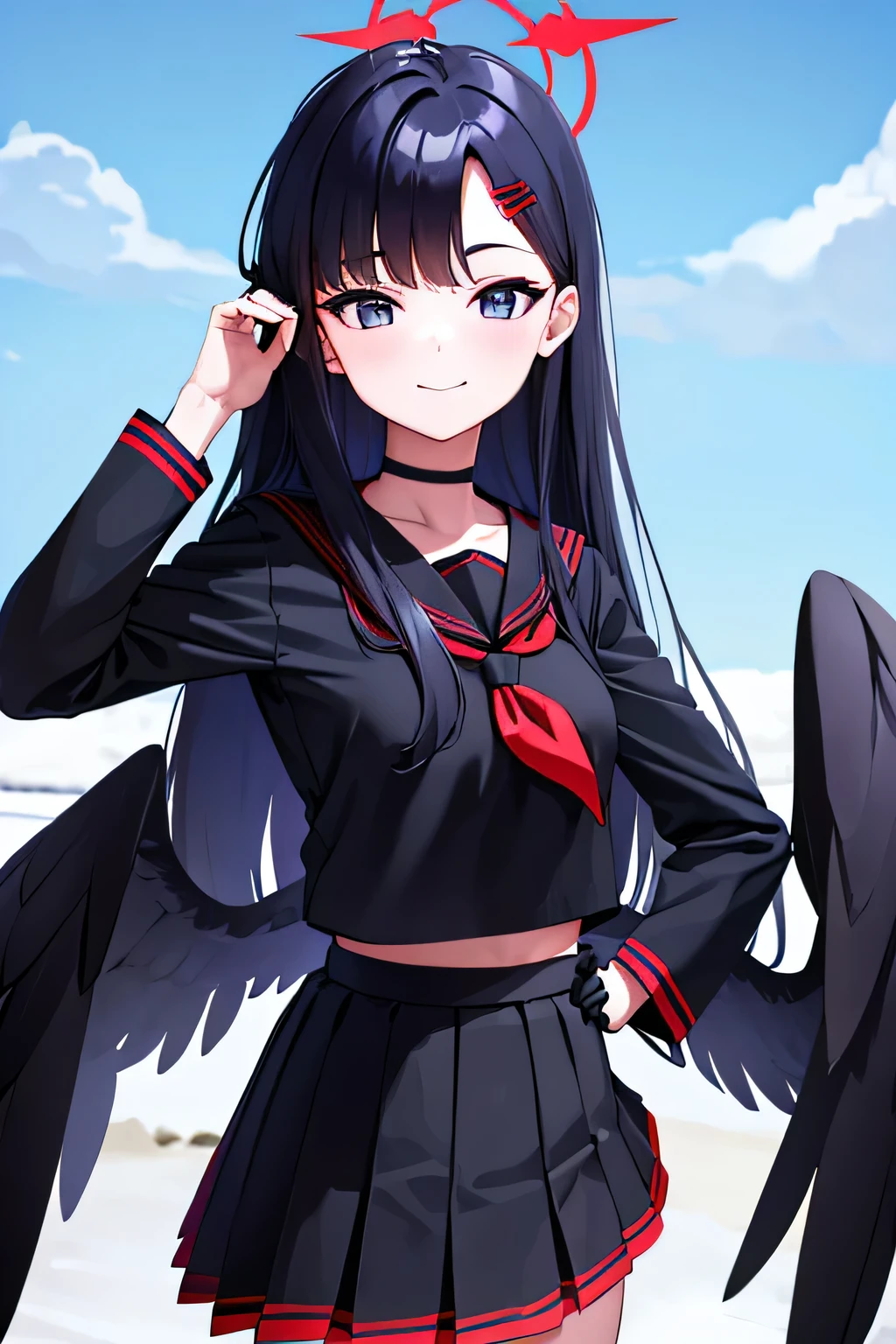 ichika nakamasa, ahoge, black hair, black wings, feathered wings, hair ornament, hairclip, halo, long hair, low wings, red halo, wings,
armband, black choker, black gloves, black sailor collar, black serafuku, black skirt, choker, gloves, long sleeves, neckerchief, pleated skirt, red neckerchief, safety pin, sailor collar, school uniform, serafuku, skirt, park area, best resolutions, 8k resolutions, upper body, smile pose