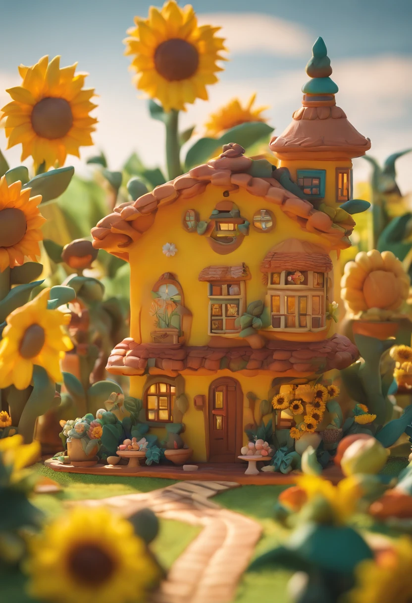Sunflower House Gloria Studio, The garden is full of sunflowers, clay material, Cartoon Design Style, pop market, soft lighting, Smooth Lines, tilt-shift lenses, Detailed sci-fi illustrations, hyper-realistic details, warm color