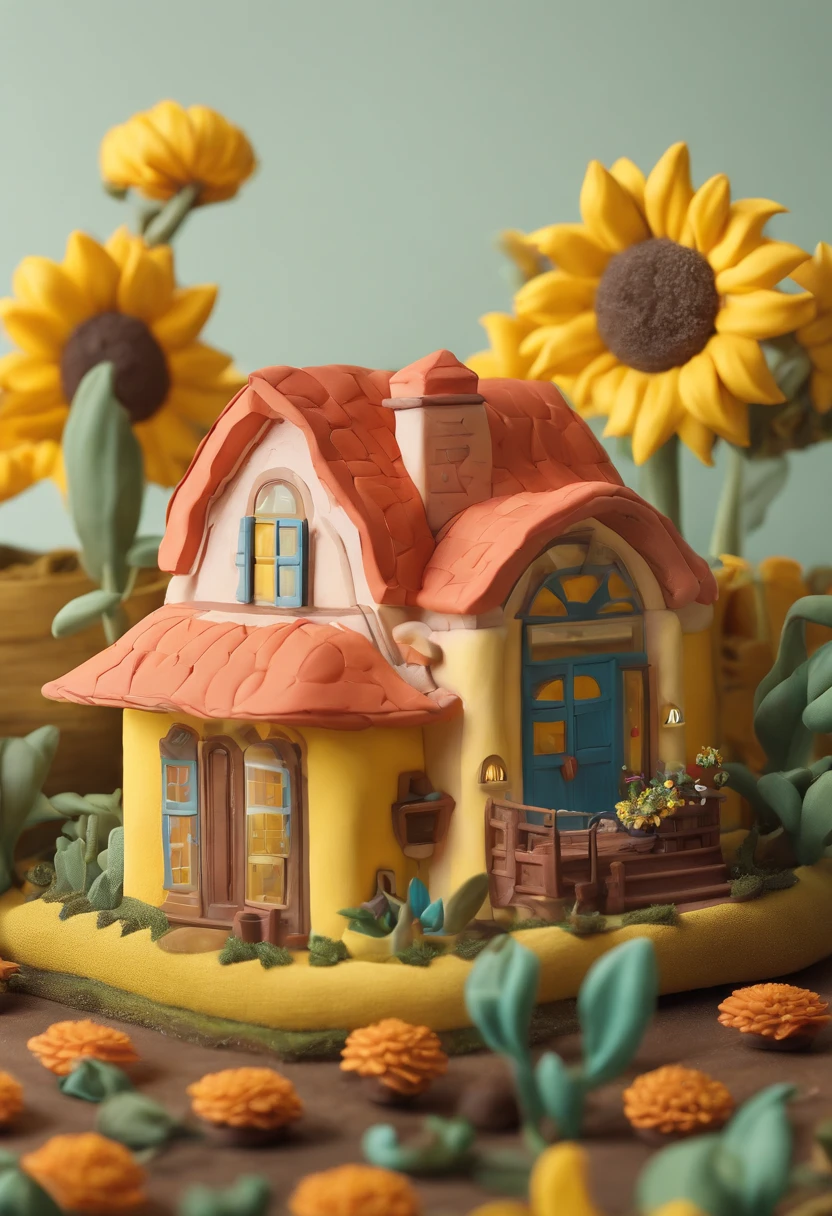 Sunflower House Gloria Studio, The garden is full of sunflowers, clay material, Cartoon Design Style, pop market, soft lighting, Smooth Lines, tilt-shift lenses, Detailed sci-fi illustrations, hyper-realistic details, warm color