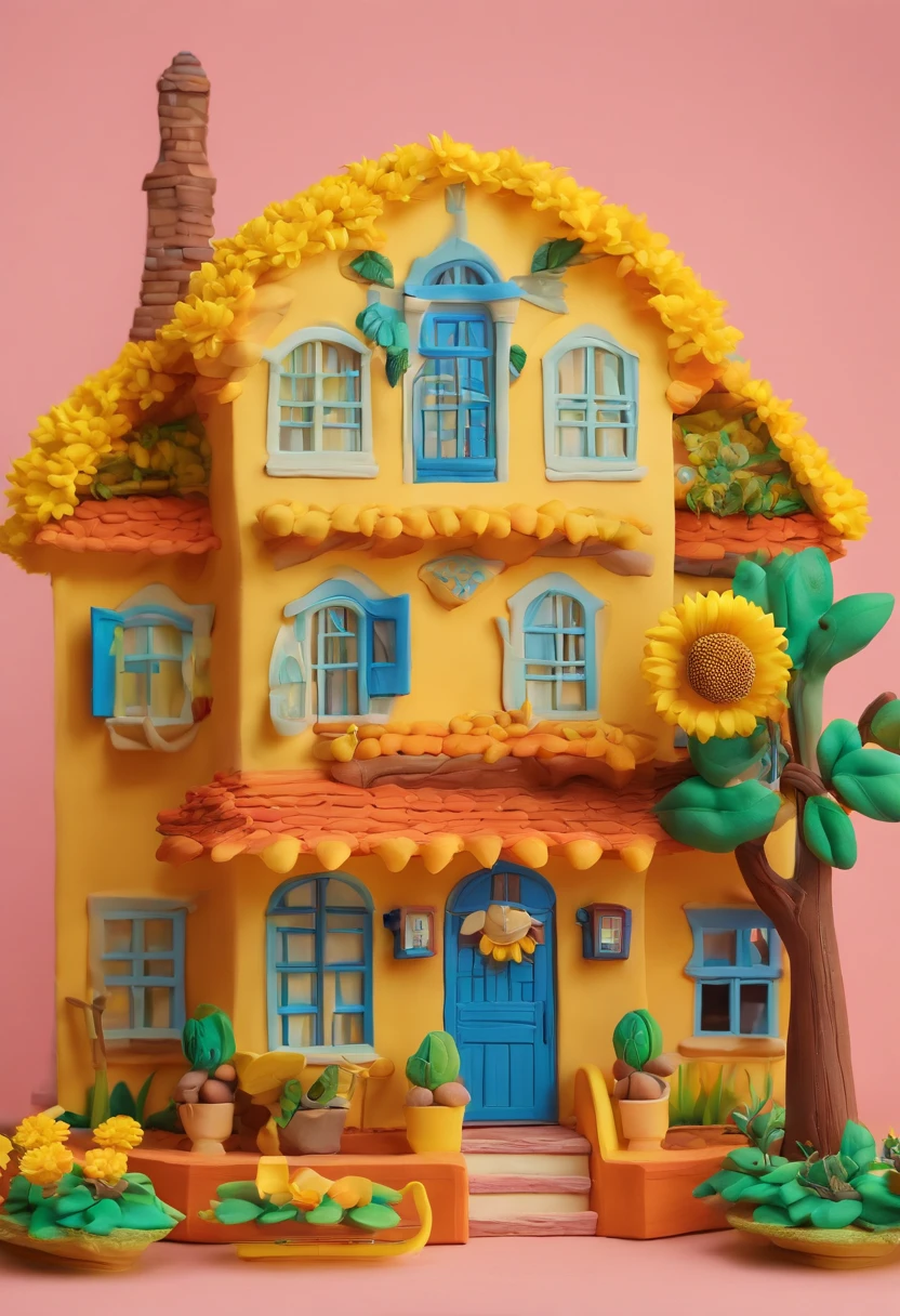 Sunflower House Gloria Studio, The garden is full of sunflowers, clay material, Cartoon Design Style, pop market, soft lighting, Smooth Lines, tilt-shift lenses, Detailed sci-fi illustrations, hyper-realistic details, warm color