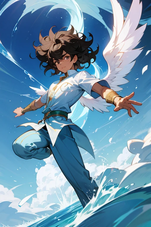 Sri Lankan male superhero with Swan wings. he can control water and fast fly. wearing shirt and trouser. have curly hair. can water turn in to ice, super sonic boom speed. 