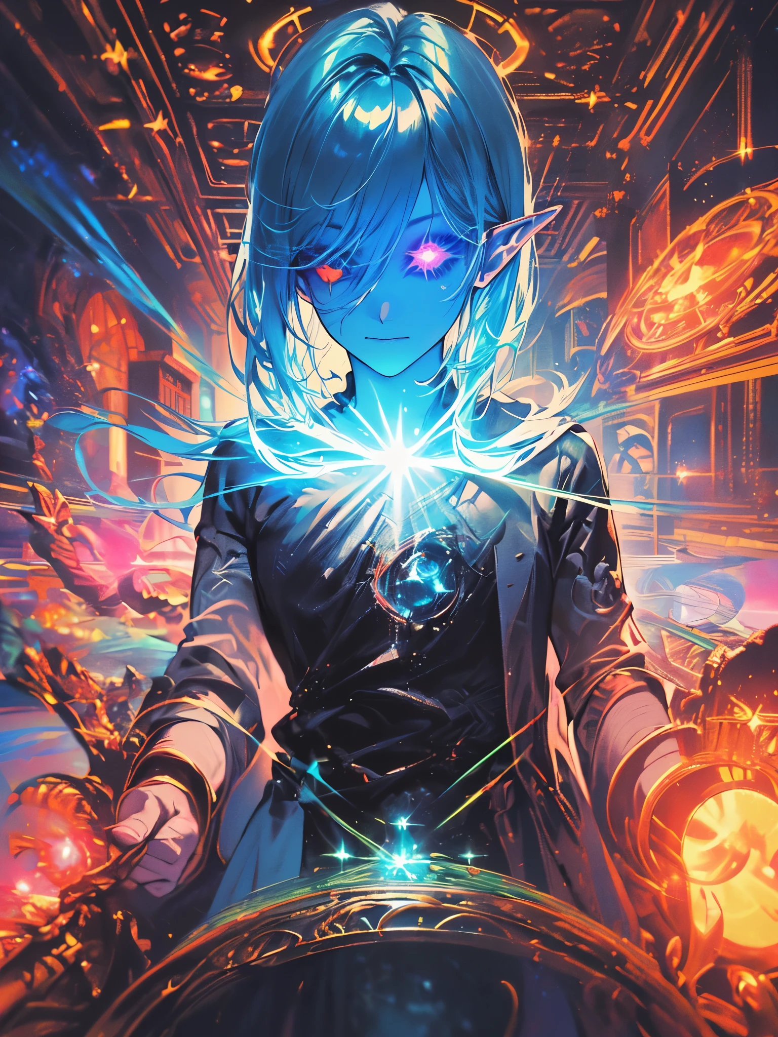 ((best resolution, High definition, foto de cinema, retrato de aventureiro dark mago, retrato profissional de corpo inteiro, poster de personagem de RPG, like dark heroes)), there is a anime man with white hair and a dark mateau shirt, full body, a portrait of a male half elf, portrait of a young half elf high wizard, a male elf, male elf ranger, half elven male, epic rpg portrait, fantasy rpg symmetrical portrait,, portrait of a dnd character, full body dnd character portrait, a portrait of an elf, (((dark high wizard mage, olhos semi cobertos, glowing eyes))), corpo inteiro