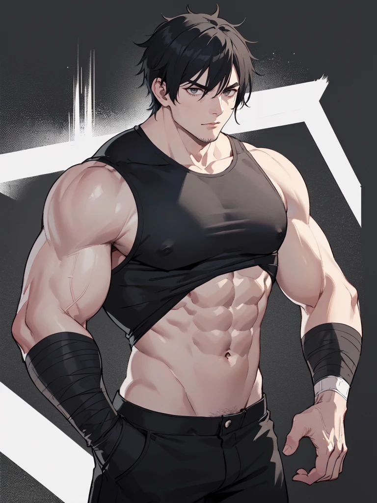 young big, muscular man with scars on his arms (handsome man). black hair and short spikes, very spiked and straight. small and gray eyes. dressed in a black sleeveless shirt, with black bandages on his arms and hands and black pants (masterpiece), (best quality), (ultra detailed), (illustration) (high saturation), (casual school background). wrestling. looking at viewer,
