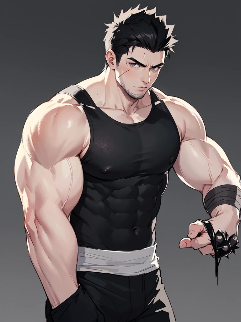 young big, muscular man with scars on his arms (handsome man). black hair and short spikes, very spiked and straight. small and gray eyes. dressed in a black sleeveless shirt, with black bandages on his arms and hands and black pants (masterpiece), (best quality), (ultra detailed), (illustration) (high saturation), (casual school background). wrestling. looking at viewer,