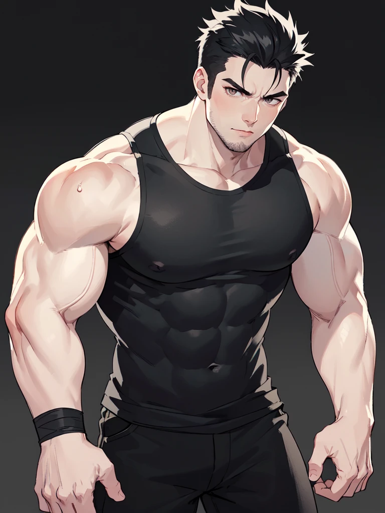young big, muscular man with scars on his arms (handsome man). black hair and short spikes, very spiked and straight. small and gray eyes. dressed in a black sleeveless shirt, with black bandages on his arms and hands and black pants (masterpiece), (best quality), (ultra detailed), (illustration) (high saturation), (casual school background). wrestling. looking at viewer,
