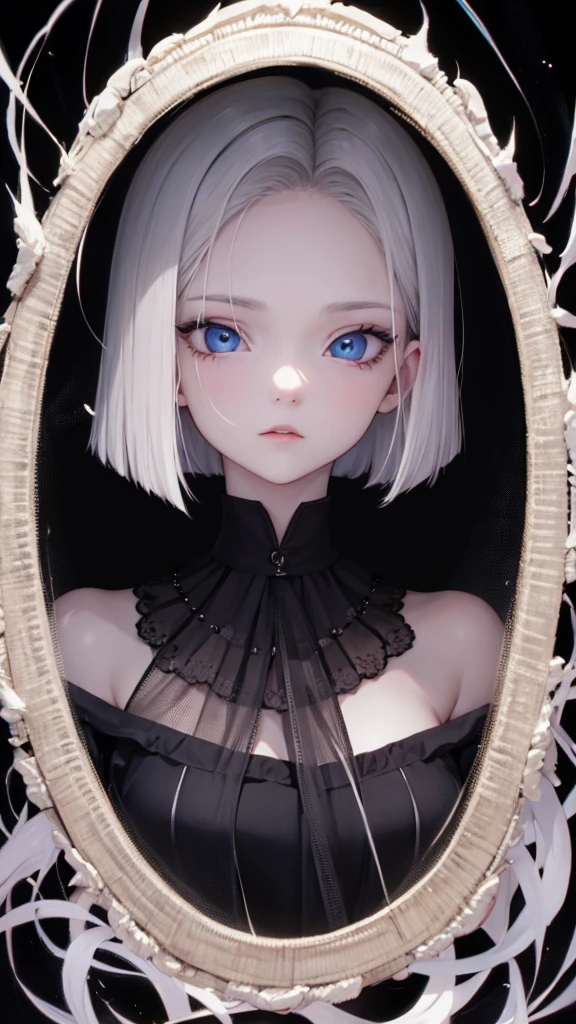 ((obra maestra)), Surrealista, Retrato de un hermoso vampiro de piel blanca. (Esmalte negro), maquillaje oscuro, ojos azules brillantes, in a dark and gloomy environment, enorme teta, pechos gigantescos con escote, rubia, cuerpo completo, Android 18, Focus feet