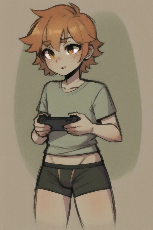 Orange haired shota freckles wearing boxer-briefs shirt, gaming, 