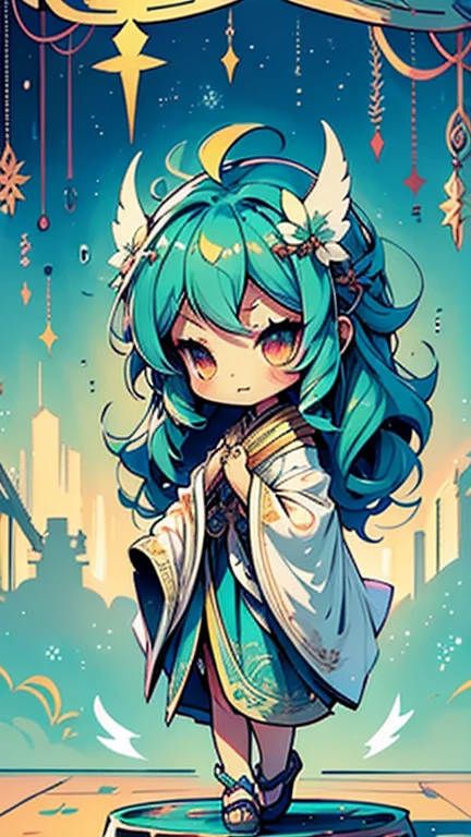 stands at a diminutive height of 2.3 feet, clad in ethereal robes adorned with Eldertide motifs that seem to shimmer with every step. Her chibi form exudes an aura of tranquility, and her bright eyes, a soothing shade of turquoise, reflect a wisdom that transcends her  stature. Aldehid carries a small harp that resonates with Eldertide energy, becoming a conduit for her healing melodies.