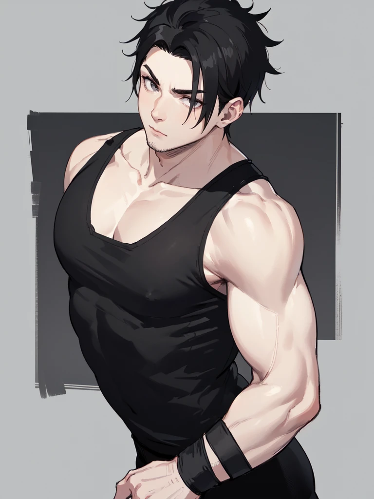 young muscular man with scars on his arms (scars) (handsome man). black hair and short, very spiked and straight. small and gray eyes. dressed in a black sleeveless shirt, with black bandages on his arms and hands and black pants (masterpiece), (best quality), (ultra detailed), (illustration) (high saturation), (casual school background). wrestling. looking at viewer. struggling