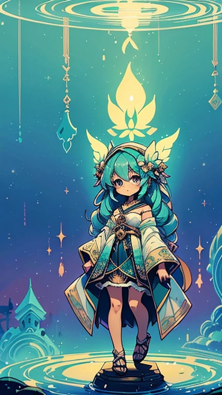 stands at a diminutive height of 2.3 feet, clad in ethereal robes adorned with Eldertide motifs that seem to shimmer with every step. Her chibi form exudes an aura of tranquility, and her bright eyes, a soothing shade of turquoise, reflect a wisdom that transcends her  stature. Aldehid carries a small harp that resonates with Eldertide energy, becoming a conduit for her healing melodies.