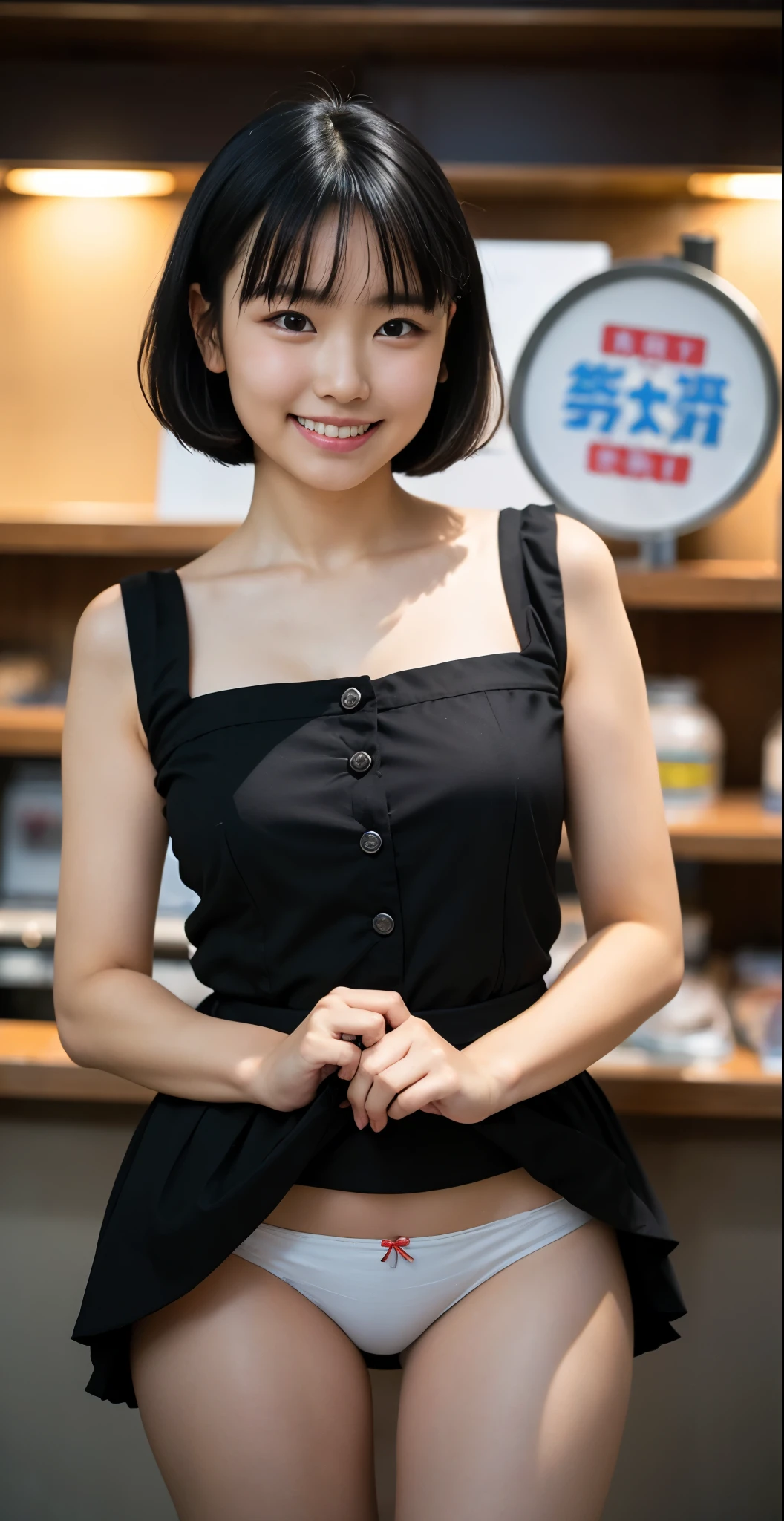 (8K、Raw photography、highest quality、masterpiece:1.2),(black haired、very short hair:1.9),show viewer,Looking at the front,erotic,白いskin,(super sentai series、Precure series costumes:1.5)、(Clothing that emphasizes the shape of your chest、publish one'skin:1.4)、(big :1.5)、slim body shape、ultra high resolution,beautiful,beautiful fece,(alone, alone、no background:1.9),whole bodyボディー,japanese woman,(Photoreal:1.37)、photon mapping,reality、(Cute with a : 1.0)、(cute smile: 1.7)、(With a round face: 1.8)、radio city、Physically based rendering、depth of field rally background、photograph, (I can see your knees,close up of thighs、skirt is too short、Show white panties:1.4),whole body、super fine